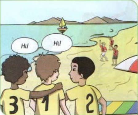 Picture 1: three boys in yellow shirts say Hi!